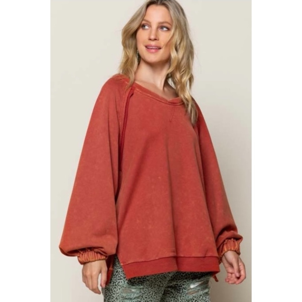 POL Rusted Orange Criss Cross Back Slouchy French Terry Pullover - Picture 8 of 12